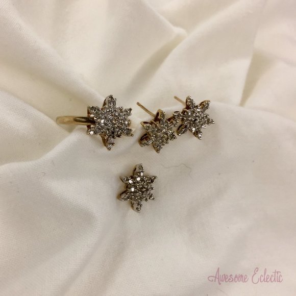 10k Diamond Ring/Earrings/Pendant Snowflake Set - Sz 5.5 - Great Winter Gift! - Picture 3 of 16